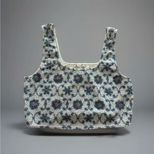 Free People Intimately Soft Floral Knit Crop Tank Top - Cream & Blue Size Medium